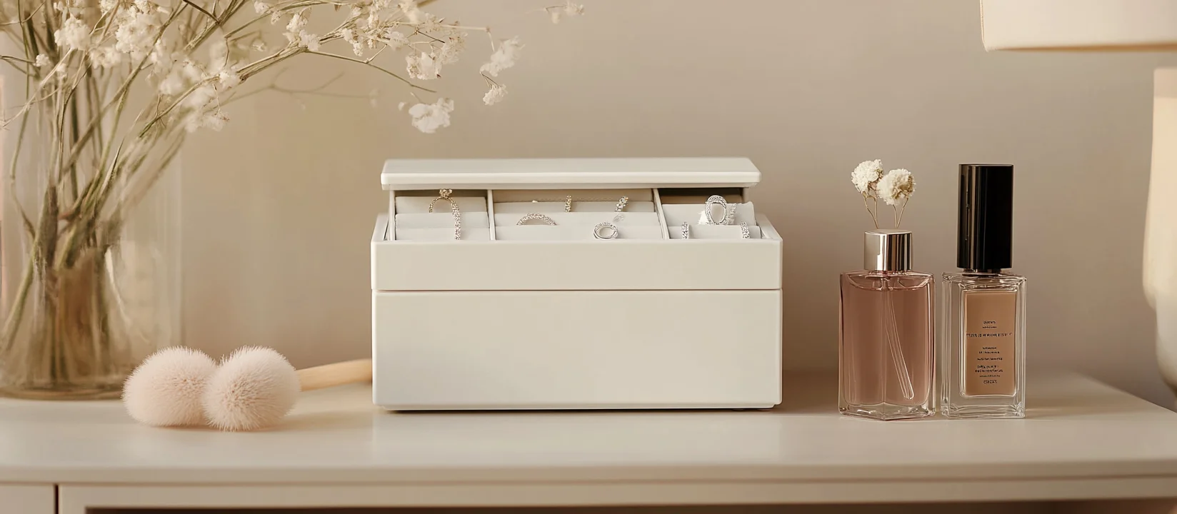 A white square jewelry box with rings on the lid, perfume and a makeup brush next to it.